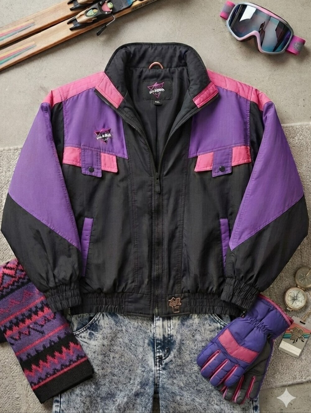 80s 90s Cold Wave Pink Purple Black Winter Snow Sports Coat